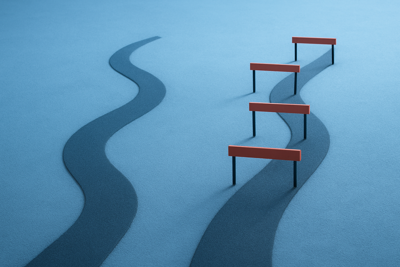 A single path, with smooth, dark blue texture, splits into two. The left path remains smooth, while the right path has a series of evenly spaced red and black hurdles on it.